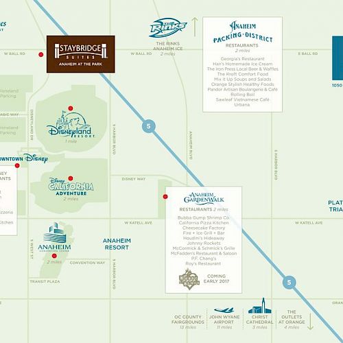 A map of Anaheim, CA, highlighting attractions like Disneyland, Anaheim GardenWalk, Knott's Berry Farm, and the Honda Center.