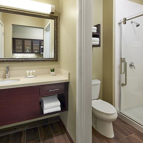 A modern bathroom with a large mirror, sink, toilet, and glass-door shower. The floor is wooden, and towels are neatly placed in shelves.