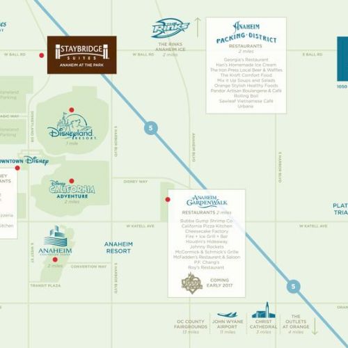 The image is a map of Anaheim, CA, highlighting tourist attractions such as Disneyland, Honda Center, and Knott's Berry Farm, with nearby hotels.