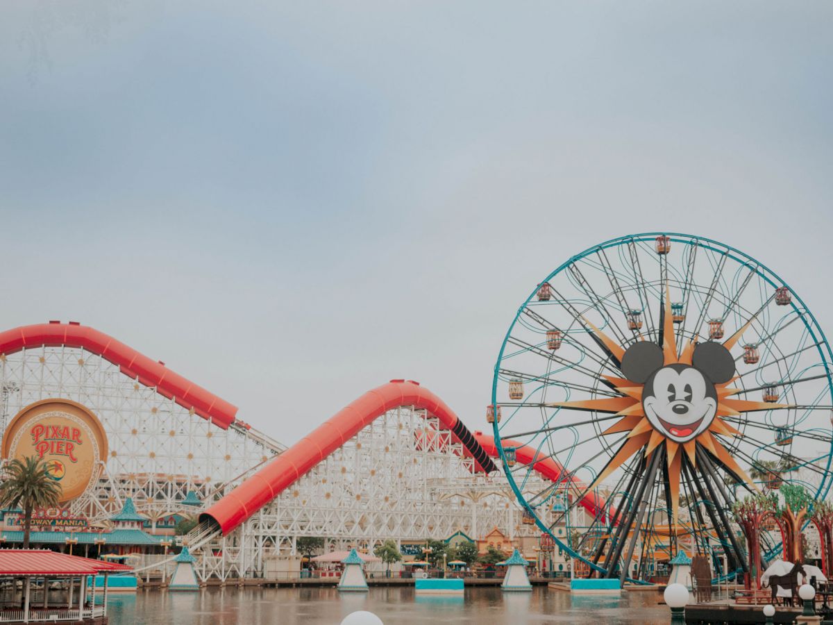 This image shows a theme park with a Ferris wheel featuring a cartoon character and a roller coaster in the background ending the sentence.